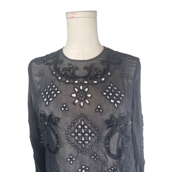 ZARA Black Sheer Small Long Sleeve Embroidered Beaded Blouse - Picture 7 of 16